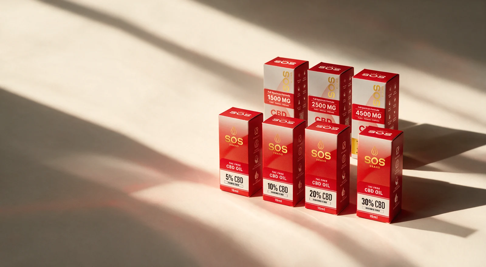 The seven SOS CBD formulas in warm sunlight